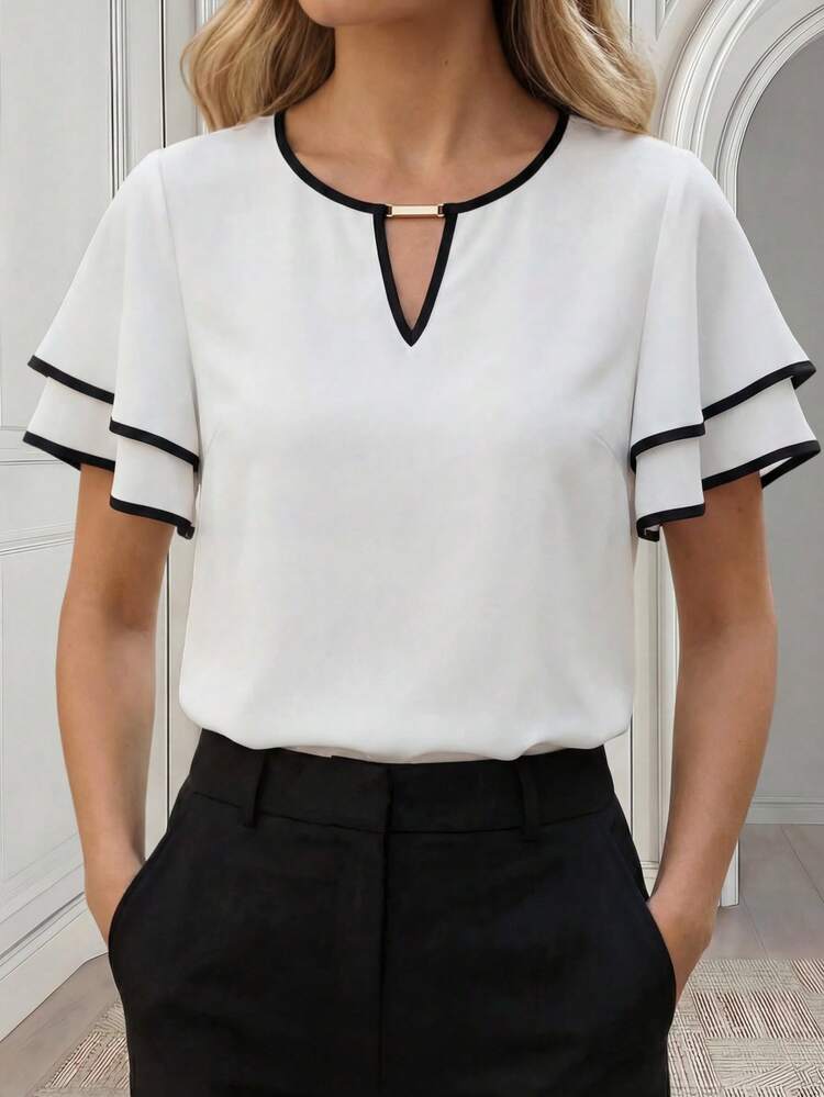Elegant White Blouse For Women, Double Ruffle Sleeve Top With Black Trim And Metal Bar Detail, Casual Formal Office Party Going Out Shirt