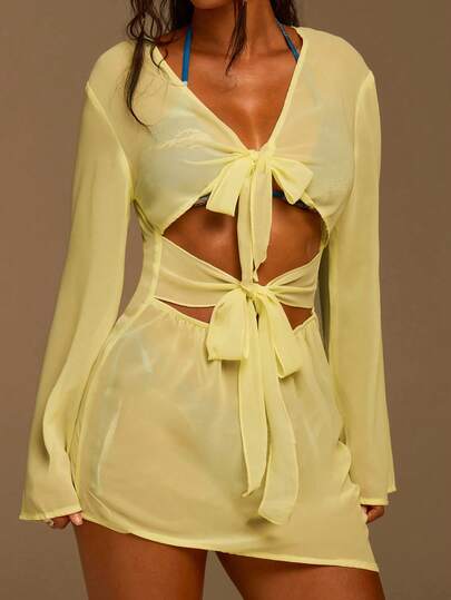 Athîral 女士春夏休闲度假泳装沙滩罩衫，V领半透明短裙