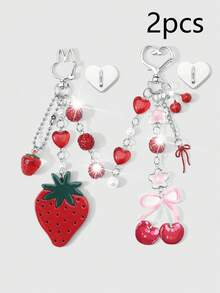 ROMWE Kawaii 2 New Ins Korean Sweet, Exquisite, Fashionable And High-Value Red Series Bright Rhinestone Soft Pottery Diamond Ball Resin Strawberry Peach Heart Bow Acrylic Strawberry Cherry DIY Keychain Bag Pendant, Water Cup Pendant, Mobile Phone Case Pendant, Fixed And Pasted Love Accessories, Combination Set, Suitable For Sisters, Girlfriends, Girls And Ladies Daily Wear, Holiday Gifts - Red -2 - View 4