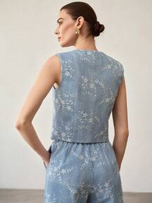 MOTF PREMIUM WOMEN'S BOTANICAL EMBROIDERY SINGLE-BREASTED WAISTCOAT - Blue - View 3