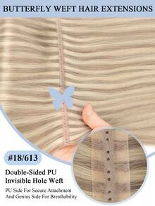 PU孔发片真人发接发，蝴蝶发片接发，12-24英寸挑染直发接发束，隐形接发，适用于日常、婚礼和派对等场合。 - 彩色 - 查看 5