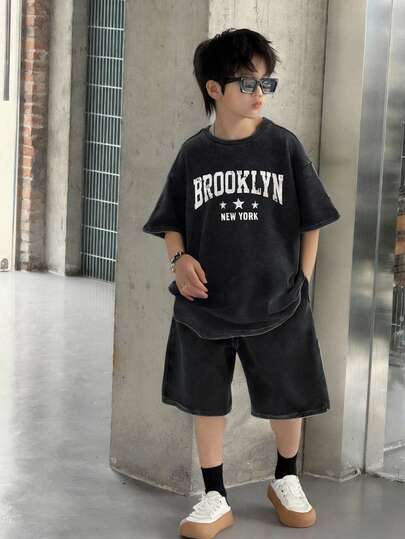 SHEIN 2pcs Tween Boys' Casual Distressed Wash Short Sleeve T-Shirt And Shorts Set, Gray, Suitable For School, Performance, Outing, Holiday Party, Sports, Vacation, Spring/Summer