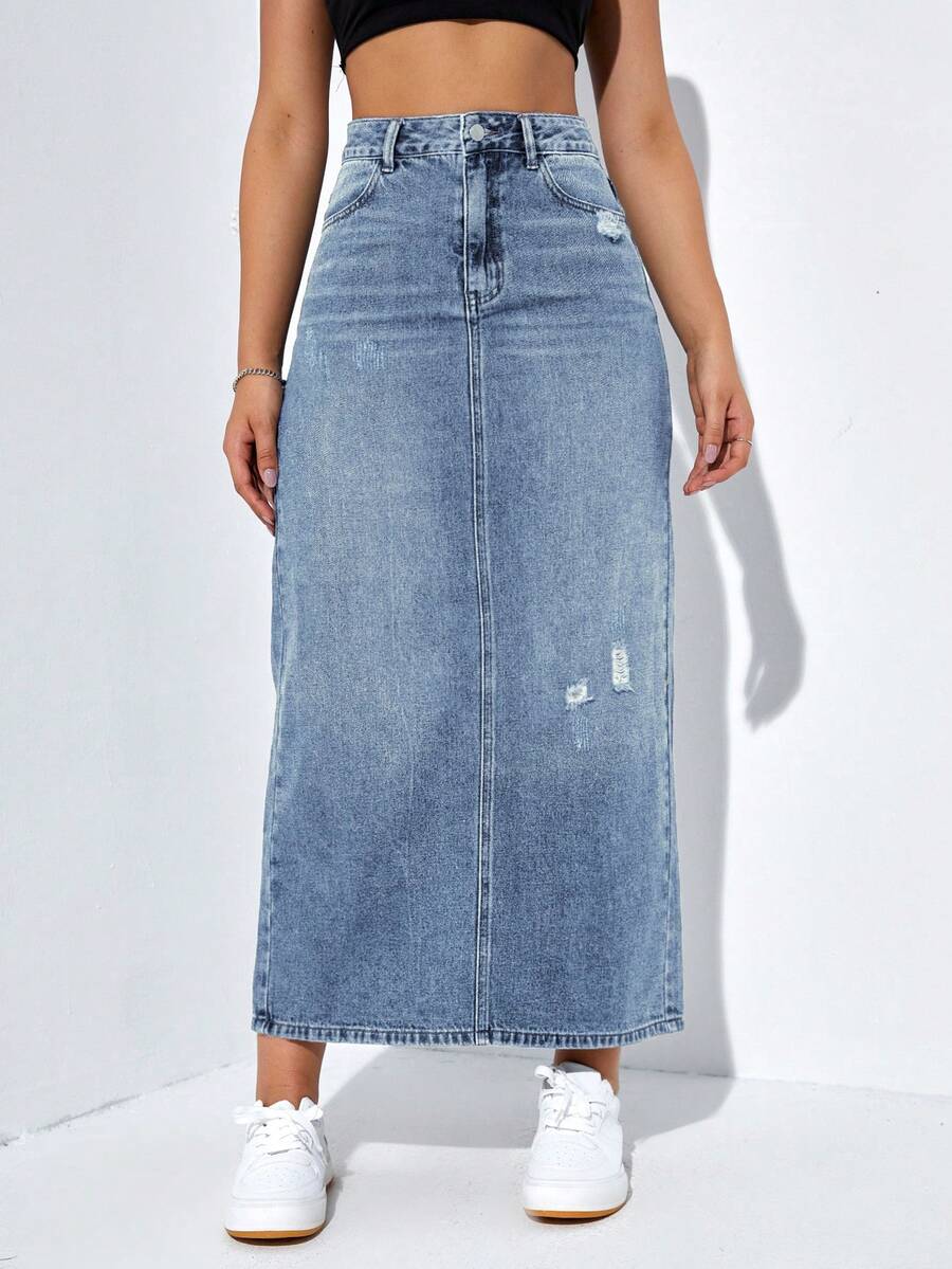 Rivivi Casual Washed Distressed High Waist Long Denim Skirt - Blue - View 1