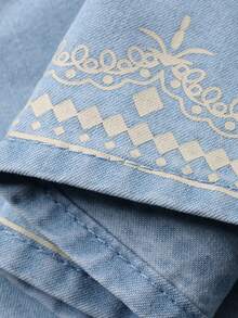 DAZY 女士夏季无袖荷叶边印花度假风休闲长款牛仔连衣裙 - 淺色水洗藍 - 查看 7