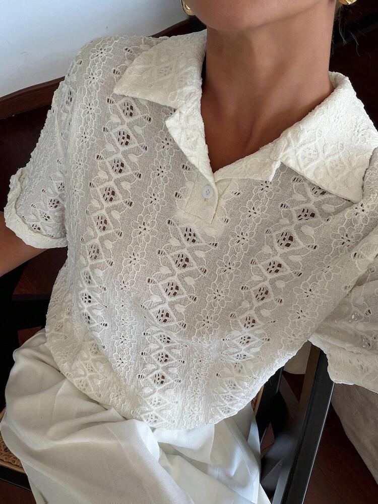 Women's Lace Textured Loose Casual Polo Collar Short Sleeve Top