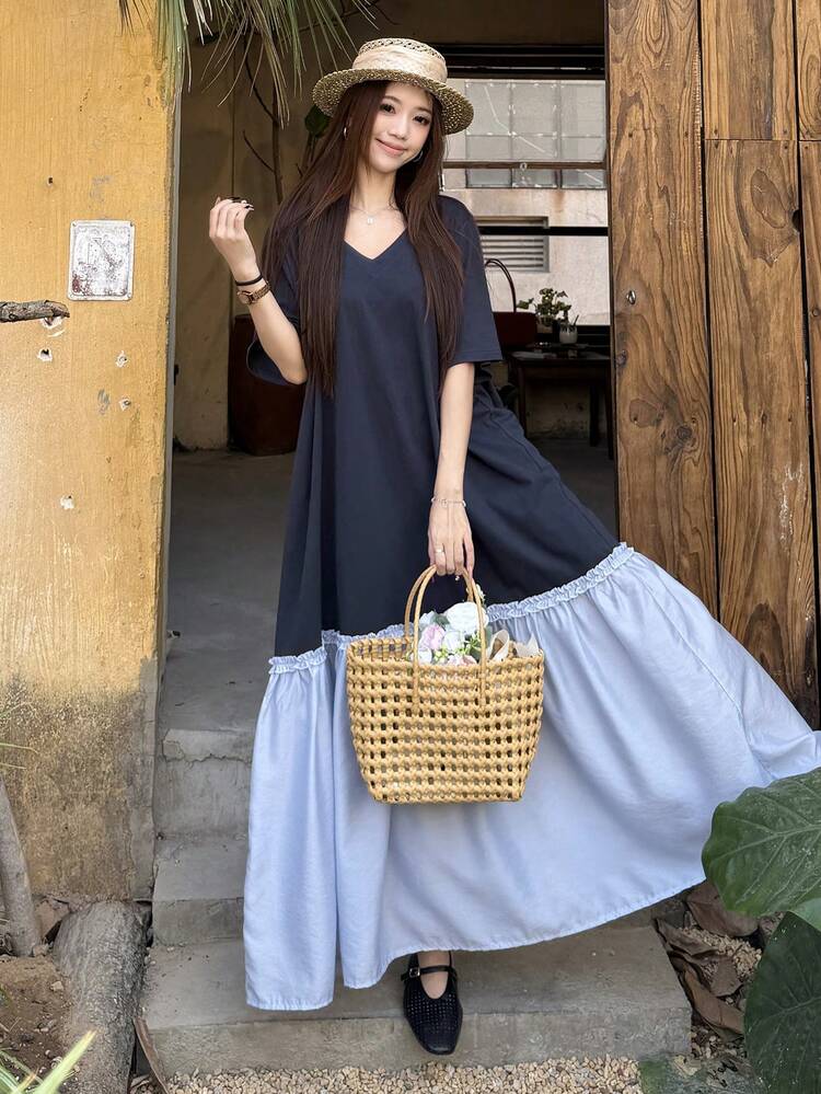 Women's V-Neck Short Sleeve Casual Loose Color Block Patchwork Long Dress, Relaxed Style Sun Dresses For Women
