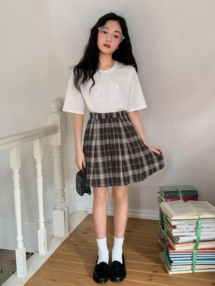 DAZY Tween Girl Pleated Plaid Casual Skirt - Brown - View 1