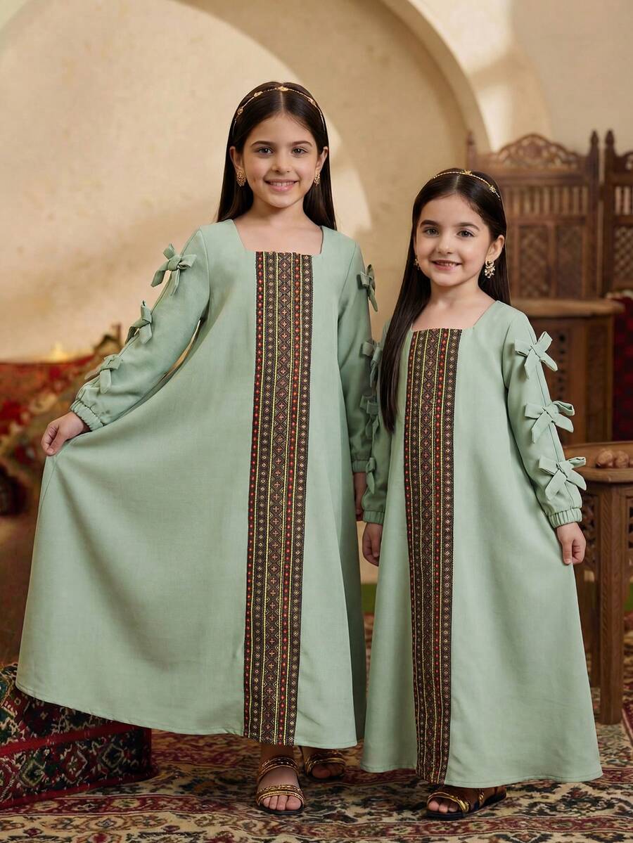 SHEIN Young Girl Woven Solid Color Square Collar Bow Decor Casual Dress - Mint Green - View 1