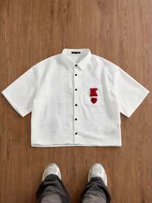 Manfinity Unisex Men's Turn-Down Collar Single-Breasted Letter & Heart Pattern Casual Versatile Daily Wear Short Sleeve Shirt - White - View 2