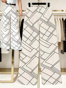 GlowEve Women's High Waist Geometric Pattern Wide Leg Loose Elegant Pants - Multicolor - View 1