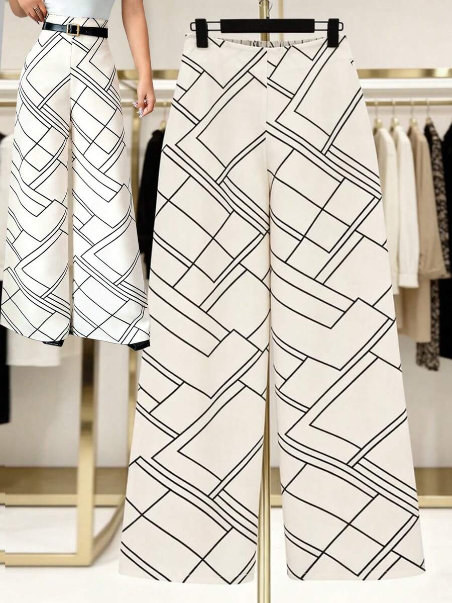 GlowEve Women's High Waist Geometric Pattern Wide Leg Loose Elegant Pants - Multicolor - View 1
