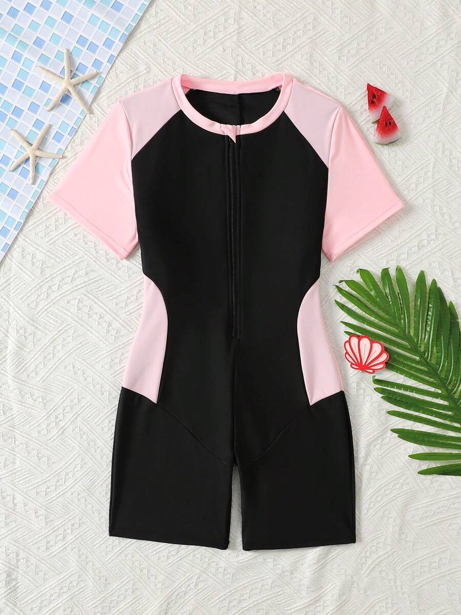 SHEIN 少女黑粉拼接撞色连体泳衣,短袖圆领直筒下摆冲浪泳装,保守沙滩运动连体裤,适合夏季度假 - 黑色 - 查看 1