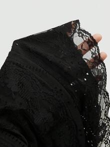 Sweetra Sweet Contrast Lace Elastic Waist Double-Layer Skirt, Elegant Vacation Summer Women Outfit - Black - View 3