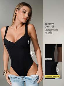 Nuvra Spaghetti Strap V-Neck Fitted Sexy Bodysuit For Women - Black - View 1