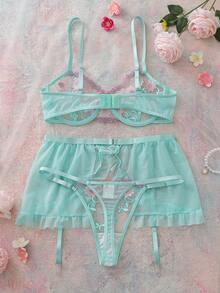 女士清新薄荷绿田园浪漫刺绣文胸套装，含钢圈聚拢文胸、丁字裤和吊袜带，三件套 - 綠色 - 查看 2
