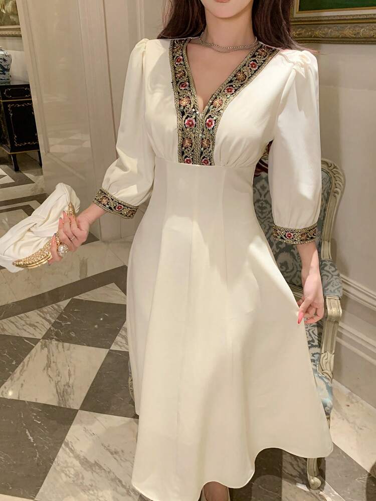 Women's Floral Print V-Neck Petal Sleeve Midi Dress Sundress