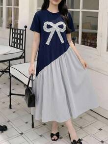 SHEIN Conjunto de 2 peças de vestido listrado com patchwork e laço para adolescentes. - Azul - Ver 2