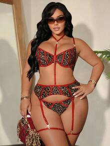 Bare Chapter 5pcs Animal Print Leopard Contrast Color Rhinestone Decor Sexy Lingerie Set - Multicolor - View 3