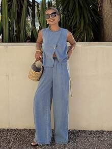 DAZY 女士休闲开衩腰带吊带背心和阔腿牛仔裤两件套，春夏款 - 中等水洗藍 - 查看 4