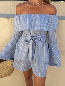 DAZY Women's Casual Striped Off-Shoulder Jumpsuit With Belt, Spring/Summer - Blue - View 6