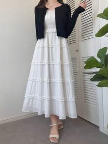 FRIFUL Đầm dài hai dây nhiều lớp xếp nếp ngọt ngào dành cho nữ. - trắng - Xem 8