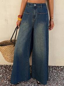 DAZY 复古高腰喇叭牛仔裤，女士休闲阔腿牛仔裤 - Blue Ambition - 查看 3