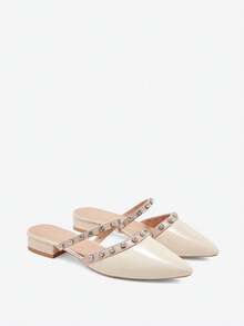 2025年秋季女式铆钉平底凉鞋，粗跟，封闭式一脚蹬穆勒鞋，新款时尚设计，可搭配连衣裙，尖头低跟水晶软皮鞋 - 米色 - 查看 3