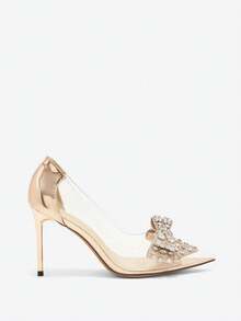 女士高跟鞋尖頭針跟時尚香檳色鞋，帶有蝴蝶和鑽石裝飾 - 香檳色 - 查看 7
