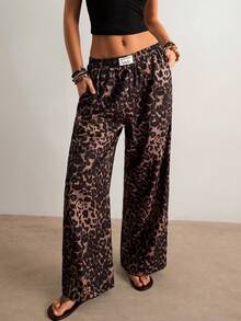 Freevana Women Leopard Print Letter Applique Pocket Wide Leg Casual Pants Boho For Leapord Animal - Brown - View 2