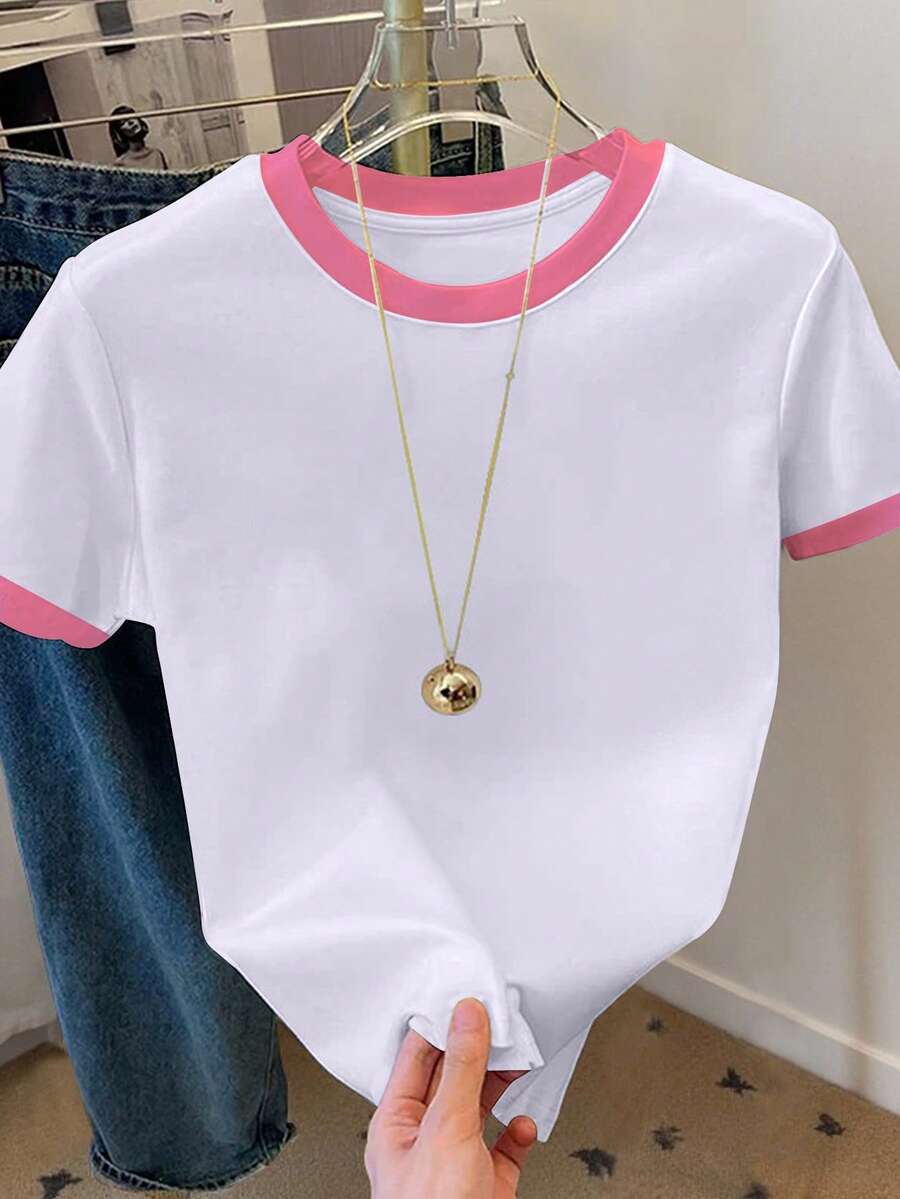 Resyla Women's Casual Color Block Round Neck Short Sleeve T-Shirt, Summer - White - View 1