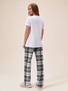 Loomlin Plaid Bowknot Print Short Sleeve & Long Pants Women Pajama Set - Black and White - View 2