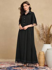 Al Najma Women's Retro Fringe Design Shirt Collar Short Sleeve Dress, Casual Arabic Style - Black - View 6