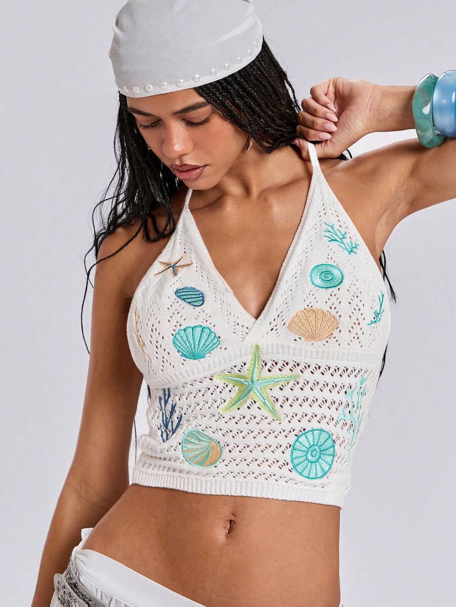 ROMWE Seaside Vacation Starfish & Shell Embroidered Knit Halter Top - Beige - View 1