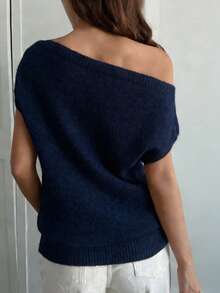 DAZY 女士优雅不对称露肩短袖毛衣 - 藍色 - 查看 3