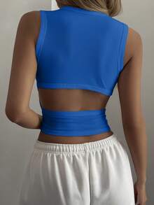 Women's Summer Round Neck Backless Hollow Design Fitted Cropped Casual Sexy Camisole Top Y2k - Royal Blue - View 3