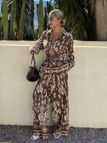 DAZY 女士休闲印花衬衫和阔腿裤两件套，春夏款 - 棕色 - 查看 4