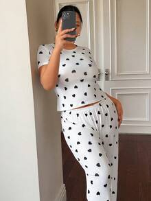 SHEIN Plus Size Sexy Heart Print Short Sleeve Pajama Set Two Piece Set Plus Curve Two Piece Set Casual Two Piece Set Two Piece Set Two Piece Set Women - Multicolor - View 1