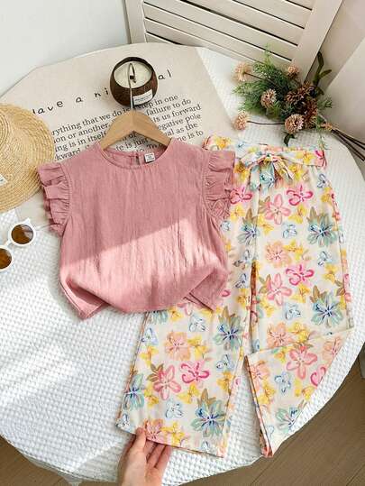 LMoss Kids Bộ 2 món cho bé gái, gồm áo dệt trơn màu có cổ bèo nhún và quần ống rộng họa tiết hoa nhí.