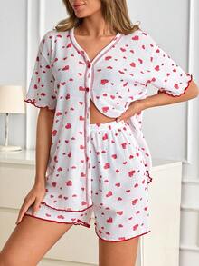 SHEIN %100 Cotton Button Detailed Heart Print With Lettuce Trim Casual 2 Pieces Pajama Set - White - View 3