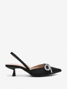 Eladyva Sapatos de salto alto femininos plus size para outono/inverno, com laço decorativo, bico fechado, elegantes, estilo mule, para festas. - Preto - Ver 7