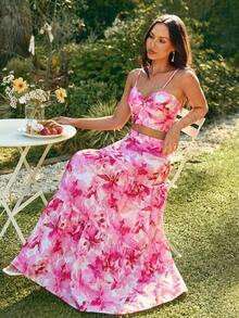 KARISMINA 女士印花无袖露脐上衣和半身裙休闲两件套 - 粉色 - 查看 5