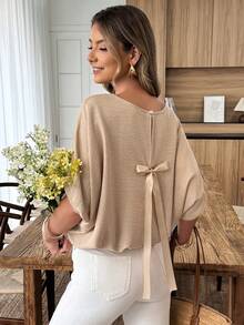 Louniche 标准尺码女士春夏休闲宽松衬衫，后背带蝴蝶结 - 卡其色 - 查看 1