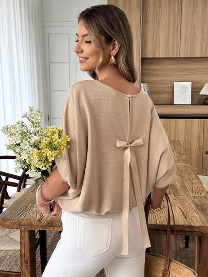 Louniche Camisa holgada casual de primavera/verano para mujer con lazo en la espalda, talla estándar