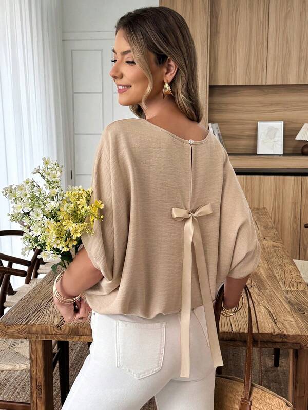 Louniche Standard Size Women's Spring/Summer Casual Loose Shirt With Bowknot Back