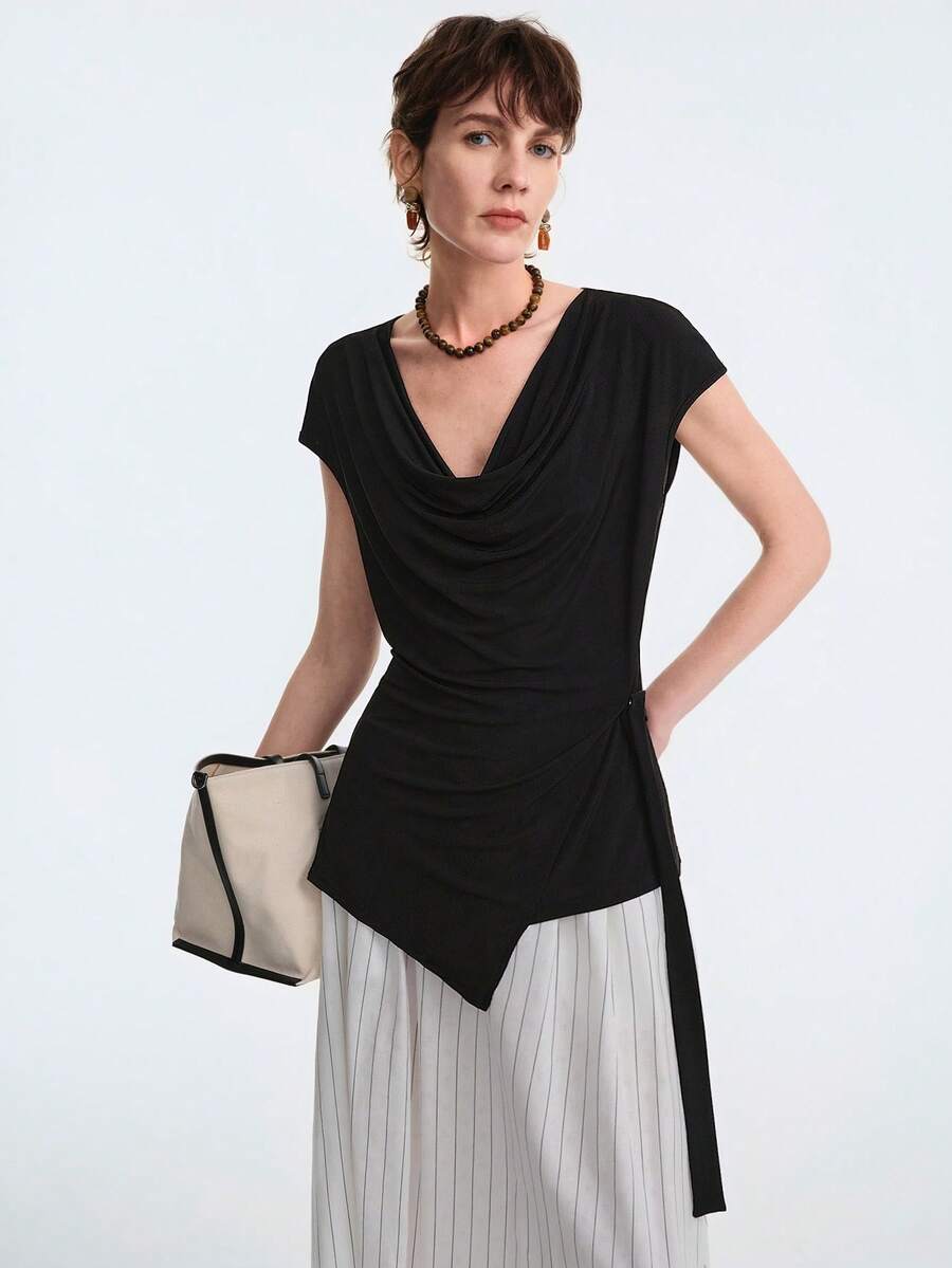 Aalyst Camiseta feminina de cor sólida com gola franzida e mangas curtas elegantes