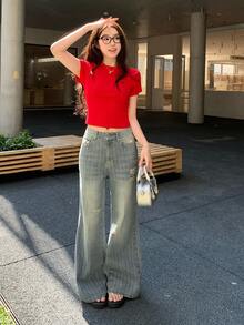 DAZY Quần jeans ống loe nữ kiểu Hàn Quốc, chất liệu có họa tiết, thích hợp cho những dịp thường ngày. - Màu xanh lam - Xem 7