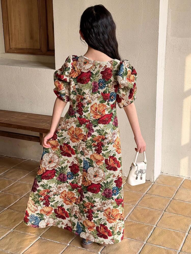 Tween Girl Floral Jacquard Petal Sleeve Mini Dress