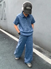SHEIN Conjunto informal de niño preadolescente con camisa de polo de manga corta y jeans - Azul - Ver 3