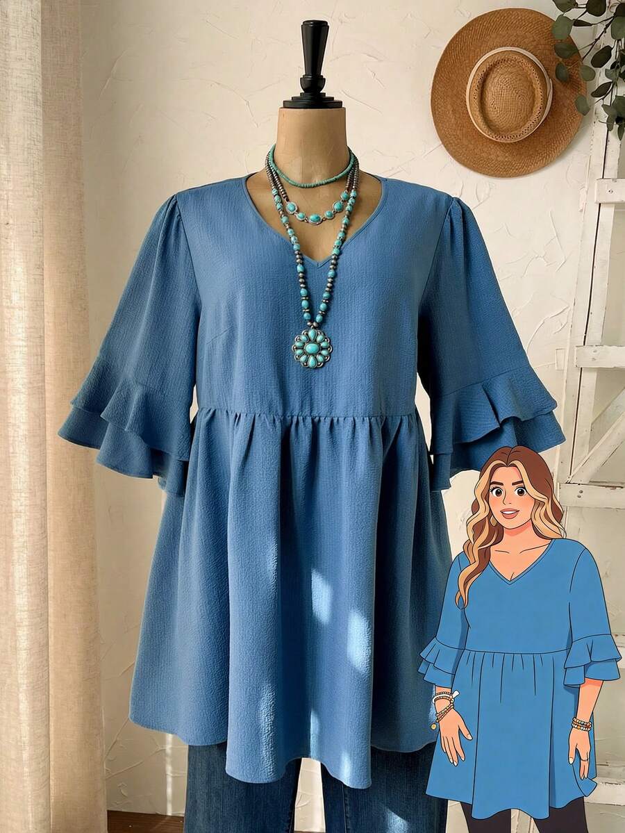 Rusticease Plus Size Women V-Neck Ruffle Short Sleeve Loose Blouse,Vacation/Summer/Spring Country Style For Women Summer Holiday Spring Break Dusty Blue Women - Blue - View 1