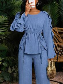 SHEIN Lady 女士圆领荷叶边长袖系腰衬衫和裤子两件套 - 藍色 - 查看 6